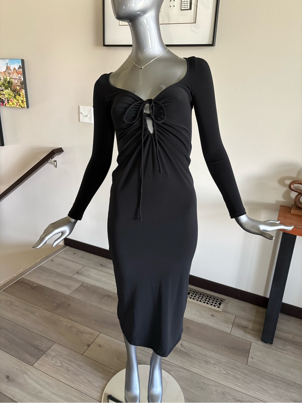 Bershka Black Long-Sleeve Tie-Front Midi Dress